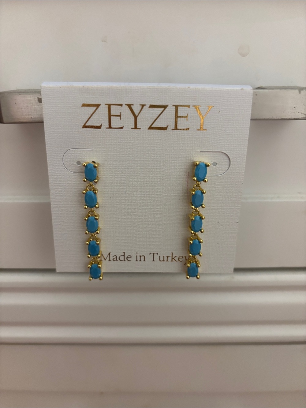 Zeyzey Earrings Made in Turkey Gold-Tone Turquoise Linear Drop Earrings